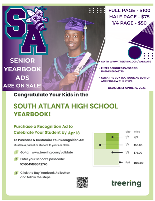 Yearbook Ads! Full Page is $100. Half Page is $75. One fourth a page is $50.